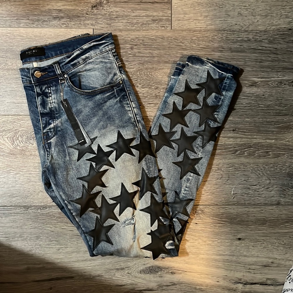 NEW Amiri Chemist Leather Star Skinny Jeans